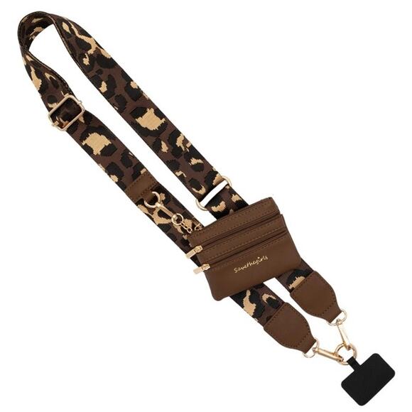 Clip & Go Phone Purse Crossbody Strap Zippered Pouch Brown Gold Leopard